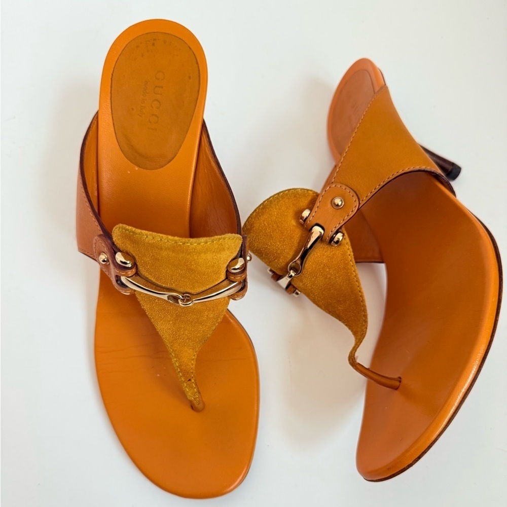 Gucci Mustard Yellow Suede Leather hasler horsebit thong heel sandals US 8 - Picture 2 of 9